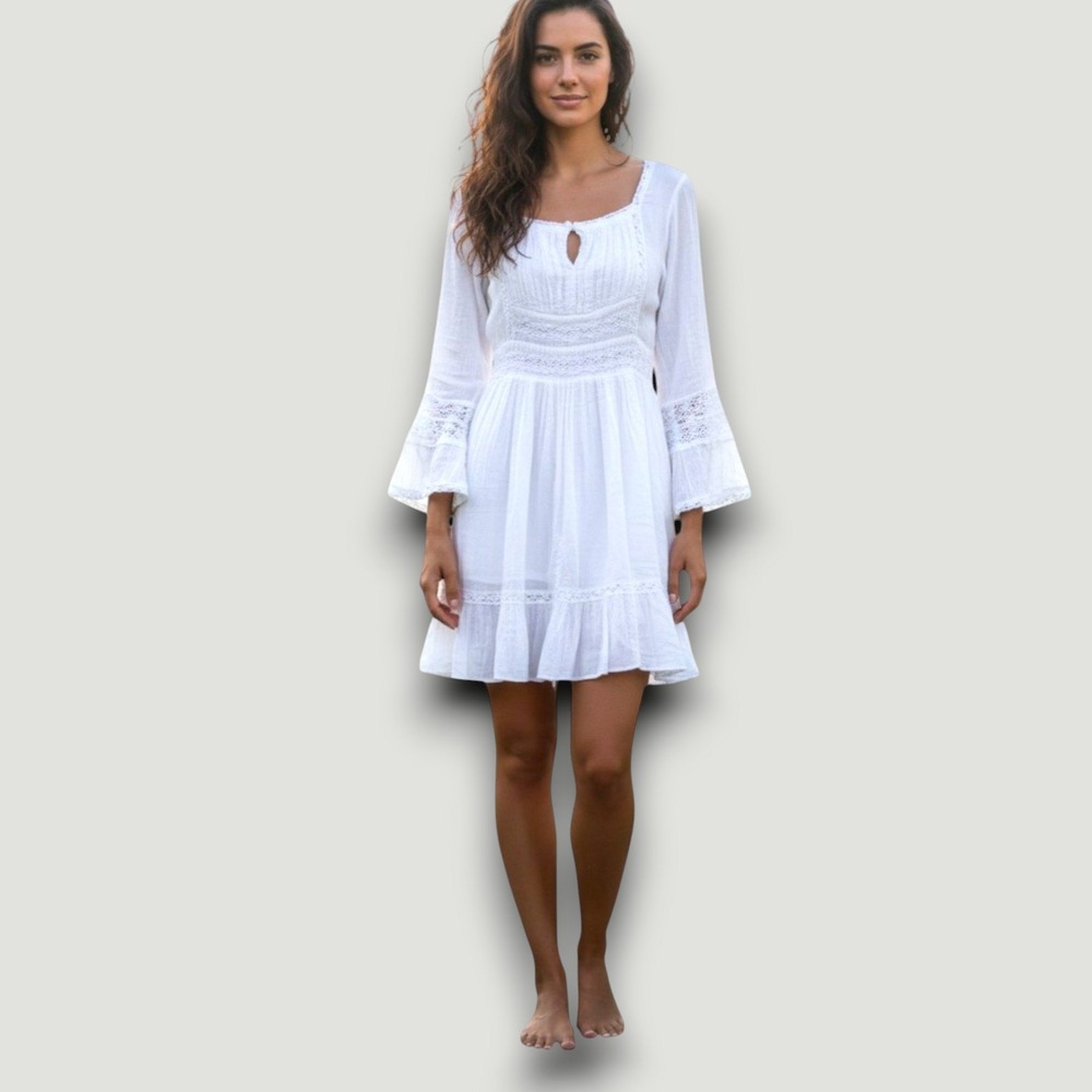 Karma Highway Womens Dress L Cotton White Boho-Chic Festival Cottagecore
